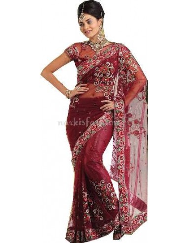 Sari Designer Bordeaux Sylvia brillant des détails fins