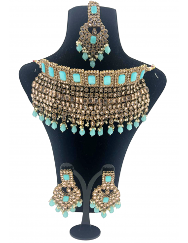 Parure mariage polki Turquoise Jeevitha brillant des détails fins